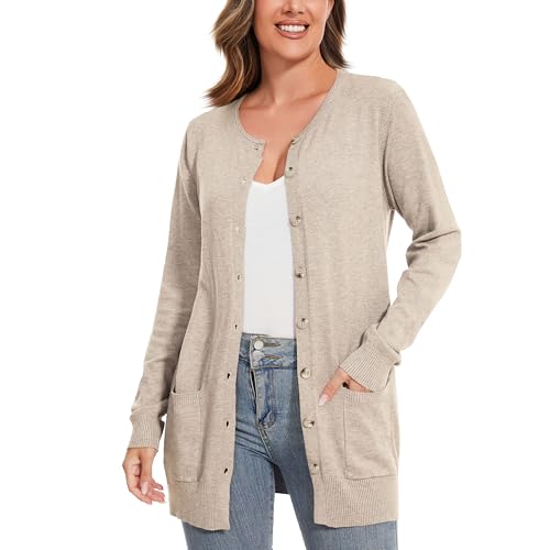 Women Loose Casual Lightweight Long Sleeve Crewneck Cardigan Sweaters Open Front Button Down Outwear with Pockets