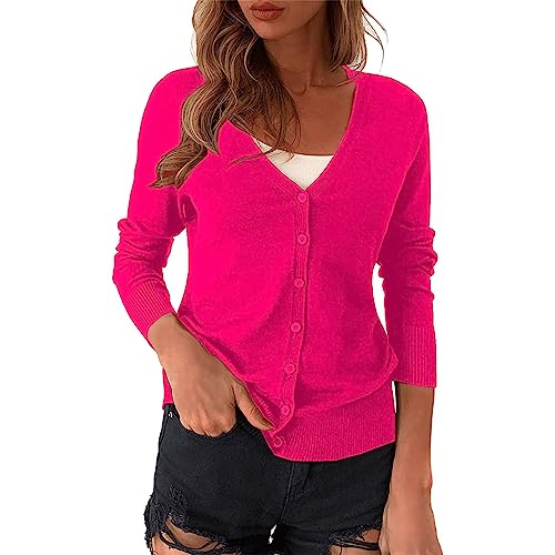 Cárdigan de punto para mujer, ligero, manga larga, cuello en V, con botones, cárdigan de punto, fino, corte holgado, chaqueta elegante, suéter y cárdigans para mujer, Rosa intenso., 3XL