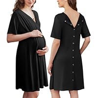 Ekouaer Labor and Delivery Gown for Hospital Short Sleeve Maternity Nursing Nightgown with Button Pregnancy Clothes Black M