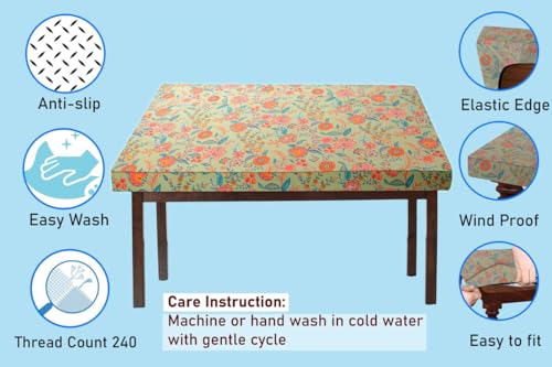 Image of The Furnishing Tree Elastic Cotton Square Dining Table Cover 48x48 in Inches Floral Multicolor on Green Base