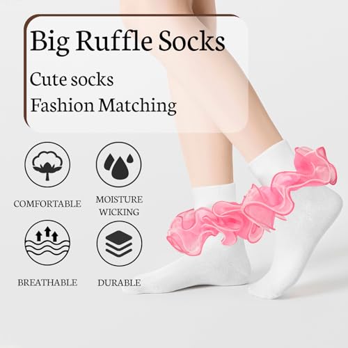 Image of Women Ruffle Socks with 4-Layer Big Frilly Lace Turn Cuff Dress Socks Adult Soft Cotton Fancy Frilly Sock