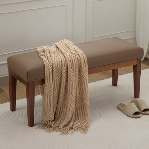 Image of WUTUTUEE 43.5'' Faux Leather Bedroom Bench, Upholstered End of Bed Bench, Padded Vintage Dining Bench, Entryway Bench with Solid Wood Legs, Kitchen, Living Room, Hallway, Brown