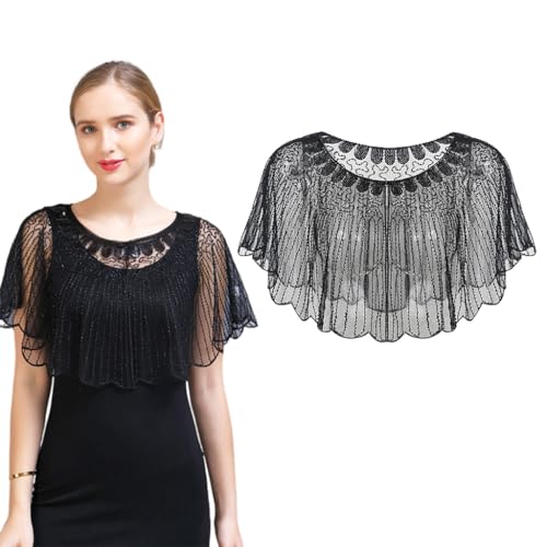 Image of PALAY Lace Shrugs Shawl for Women Stylish Sheer Cape for Women Cover Up Wraps Black Sequin Shawl for Wedding Dress, Off Shoulder Dress, Strapless Dresses
