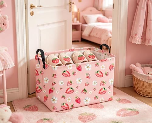 Image of Sanjiaofeng Rectangular Strawberry Storage Baskets Baby Girl Basket Kids Baby Storage Basket Waterproof Collapsible Storage Bin Cute Organizer Box Girl Room Decor(Strawberry)