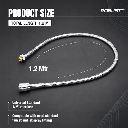 Image of Robustt Premium 304 Stainless Steel Jet Spray Hose Pipe for Toilet (Silver), 1.2m Flexible Hose Pipe with Anti Corrosion Finish, Hand Shower Pipe, Universal G1 /2 Fittings, High Pressure Faucet Pipe