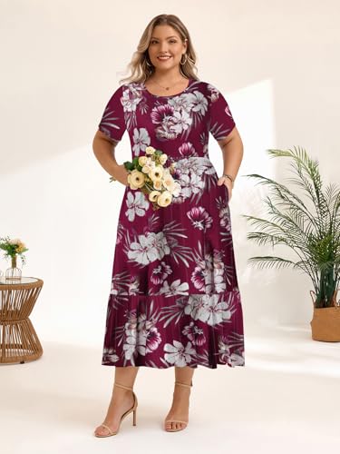 Image of LARACE Plus Size Dresses for Women Summer Casual Short Sleeve Long Dress Flowy Maxi Beach Dresses with Pockets L-6XL