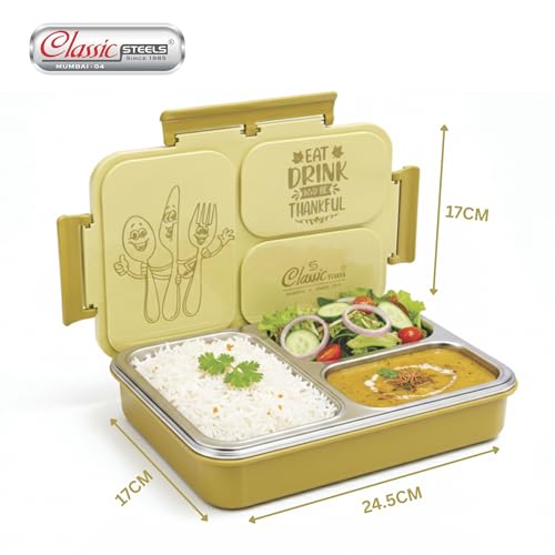 Image of Classic Steels Insulated 3-Compartment Stainless Steel Lunch Box for Kids & Adults | Leak-Proof Bento Box with Silicone Seal | BPA-Free & Food Grade, Yellow