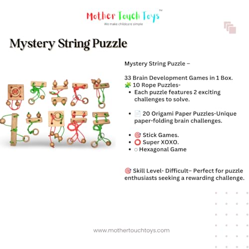 Image of Mother Touch Toys Wooden String Puzzle Set (10 Pcs) with 20 Origami Challenges & 1 Mystery Puzzle | Brain Teaser for Kids & Adults | IQ Logic Games,Cognitive Skill Builder.