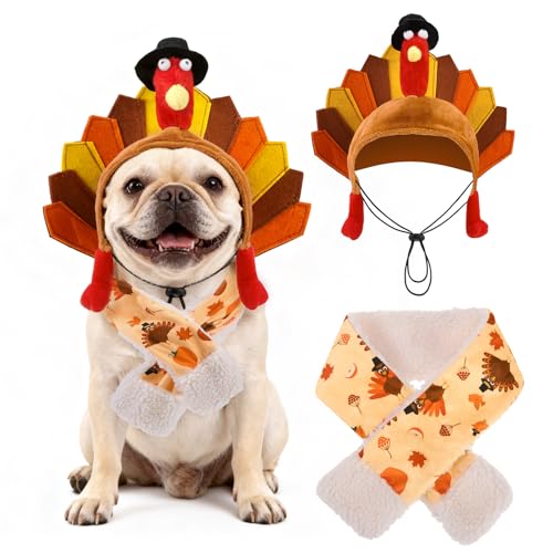 SCENEREAL Dog Thanksgiving Costume- Turkey Hat and Pumpkin Scarf Set for Small Medium Large Dogs Warm Fuzzy Bandanas Funny Pet Fall Holiday Outfits Clothes Puppy Cosplay Party Apparel Accessory