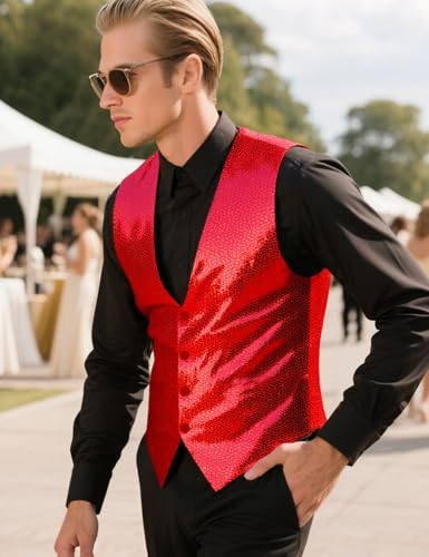 Wildarms Men’s Sequin Vest Sparkly Formal V Neck Vest Leisure Shiny Waistcoat for Wedding Prom Mardi Gras Carnival4