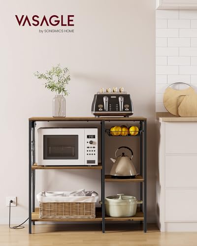 Image of VASAGLE Baker's Rack, Coffee Bar Stand with Charging Station, Storage Shelves, Pull-Out Wire Basket, Table for Microwave, Kitchen, Rustic Walnut UKKS036K41, 15.7 x 35.4 x 35.6 Inches