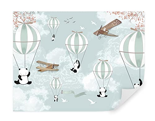 Tapeko - Carta da parati per bambini, fotomurali 260x180 cm, mongolfiera, uccelli, aerei, panda, animali, bambini fotografica murale per camera da letto, turchese u04394