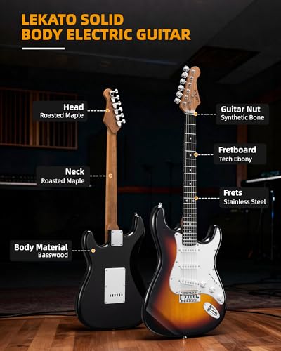 Image of LEKATO Beginner Electric Guitar Kit 39 Inch Full Size Solid Body Guitar SSS for Starter Roasted Maple Neck Stainless Steel Frets, 5w Plug-in Amp, Bag, Tuner, Capo, Strap, Picks, String, Cable-Sunburst