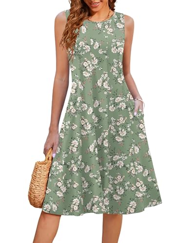 Image of HOTOUCH Summer Casual Dresses for Women Sleeveless Midi Dress Swing Tank Sundress Pleated Tshirt Dress with Pockets