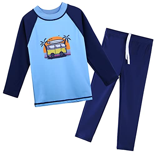 Image of TFJH E Boys Long Sleeve Rash Guard 2 Piece Swim Set UPF 50+ Age 3-14 | Soft Breathable, UV 50+, quick dry. Bright colorful prints kids love. Perfect for pool, beach, summer. active play.