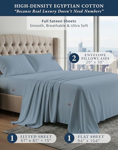 Image of LANE LINEN Full Size Bed Sheets 100% Egyptian Cotton Sateen - French Blue | Full XL Sheets - 4-Piece Set, Long-Staple Egyptian Cotton, For A Cool, Restful Sleep, Buttery-Soft Silky Sateen,