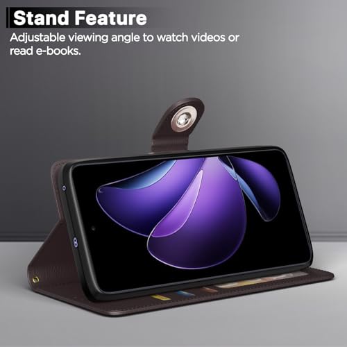 Image of Pikkme Flip Cover Leather Finish | Inside TPU with Card Pockets | Wallet Stand and Shock Proof | Complete Protection Button Flip Case for Oppo Reno 13F 5G(Coffee)