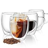 Top-spring 4 Pack Double Walled Glass Coffee Cups, Insulated Latte Glasses Mugs, Mug Tea Cups with Handles, Heat Resistant, Cappuccino Espresso Cup (Clear-4x350ml)