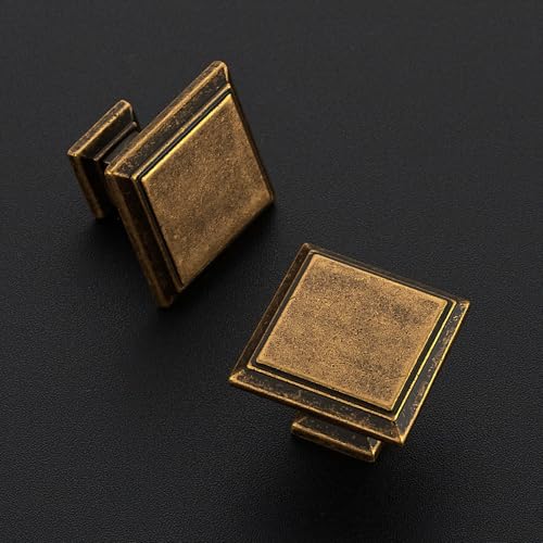Image of Ravinte 5 Pack 1-3 /16 Inch Antique Brass Kitchen Square Cabinet Knobs Solid Drawer Pulls Single Hole Kitchen Cabinet Hardware Knobs for Cabinets and Drawers