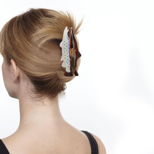 Fish-Shaped Hair Claw Clip, 5 Inch Pearlescent White with Dots, Metal Spring Grip, Hair Accessory for Women and Girls