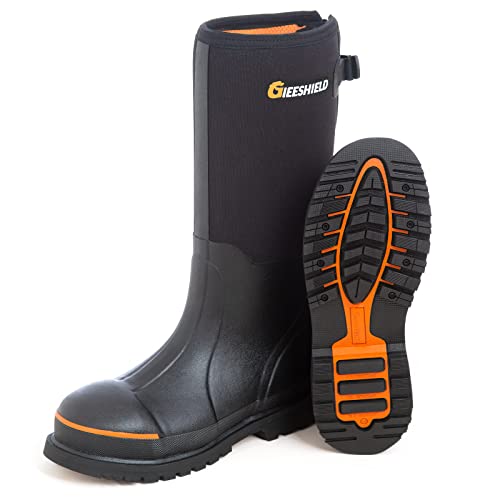 Men's Rubber Work Boots with Steel Toe & Shank, Waterproof & Anti-Slip, 6mm Neoprene, Durable Brown Rubber Boot for Construction, Farming, Manufacturing, Sizes 7-14