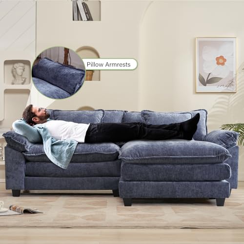 Image of Oprisen 86 inch Modular Sectional Sofa, Comfy Cloud Couch Sectional Sofa with Ottoman, Chenille Sofa Sleeper Deep Seat Sofa with Throw Pillows for Living Room (Blue, 86 inch- L Shape)