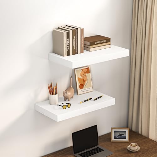 Image of Dreamland 24 inch Floating Shelves for Wall, 12 inch Deep Thicker White Floating Shelves, Wall-Mounted Shelves for Bedroom, Living Room, Kitchen, Bathroom - Set of 2