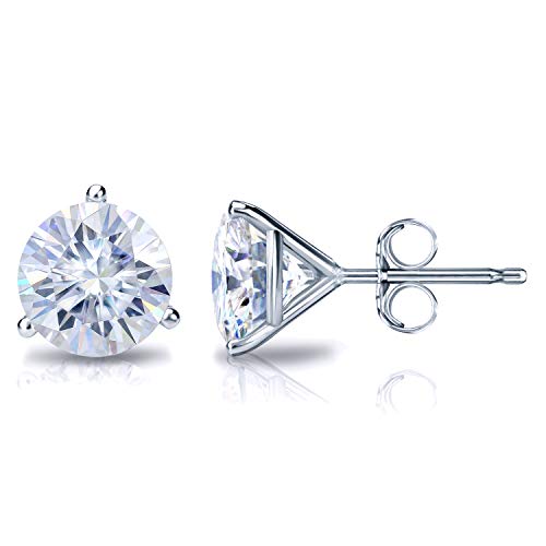Diamond Wish 14k White Gold Round Moissanite Stud Earrings (7 Carat TGW, 10mm, G-H) 3-Prong Martini, Push-Back