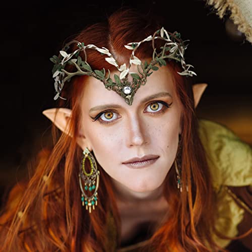 Mostory Green Woodland Elf Headpiece Fairy Leaves Crown Headband V-Shape Twig Circlet With Bronze Deer Horns Cosplay Pixie Costumes For Women Girls Medieval Renaissance Halloween Accessory #TOP1