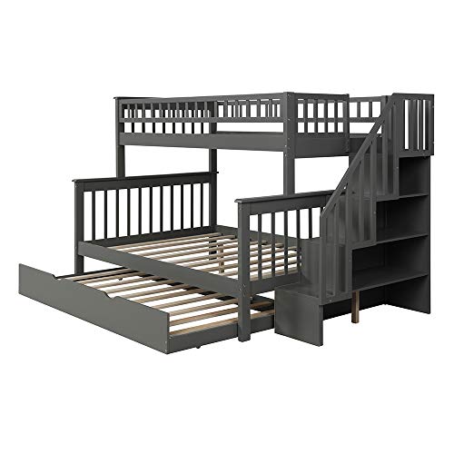 Twin Over Full Bunk Beds with Trundle, Rockjame Wood Space Saving Design Stairway Bunk Bed Frame with Storage, Convertible to 2 Separated Beds, Great for Kids and Teenagers (Gray) - Thumbnail 5