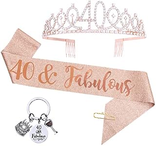 COLOFALLA 3pcs 40th Birthday Sash and Tiara Crown Keychain for Women Rose Gold Glitter 40 and Fabulous Sash Keyring for 40th Birthday Gifts Party Accessories