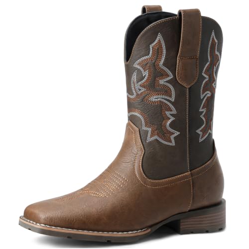 Image of Suokdil Cowboy Boots for Men - Men's Western Boots with Embroidery, Slip Resistant Square Toe Chunky Heel, Durable and Fashionable Retro Classic Footwear for Spring and Fall