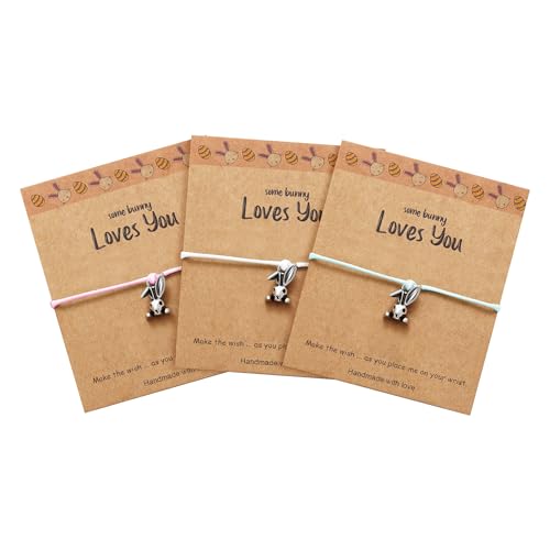 Easter Bracelets Basket Stuffers Gifts for Girls Kids - 3-5 PCS Adjustable Bunny Rabbit Bracelet Christian Gift with Card