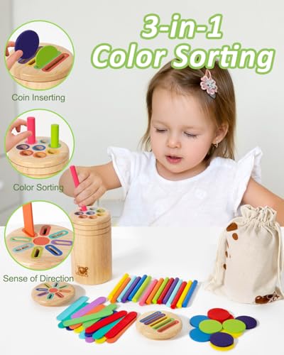 Image of Wooden Sorting Toy for Toddlers 1-3 - Fine Motor Skills Toys,3 in 1Baby Coin Bank & Color Matching Game - Sensory Educational Toy for Boys Girls Travel Activities