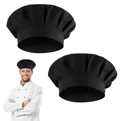 YQQYG 2 gorros de cocinero negros, unisex, gorro de chef, gorro de chef, gorro de cocinero para mujer, sombrero de cocinero ajustable, de algodón, gorro de cocinero, gorro de cocinero, gorro de cocina