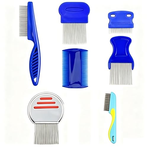 Image of Lice Removal Comb, 7-Piece Flea Comb Set with Red Light Tips, Blue Long Needle Design for Efficient Lice Removal, Complete 5-Piece Kit with Blue Handles for Pet Grooming and Hair Care