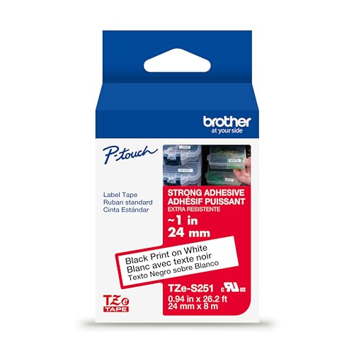 Brother Genuine P-Touch TZe Black Print on White Label Tape (TZeS251), Strong Adhesive Laminated, ~1in x 26.2ft (24mm x 8m), for Select P-Touch Label Makers, Water-Resistant, Extra Strength