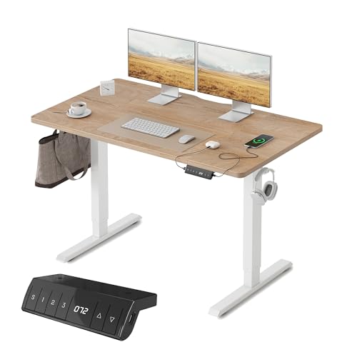 FEZIBO Höhenverstellbarer Schreibtisch mit USB-A und USB-C-Ladeanschlüssen, 120 x 60 cm Schreibtisch Höhenverstellbar Elektrisch, Ergonomischer Steh-Sitz Tisch für Heimbüro, Standing Desk, Eiche