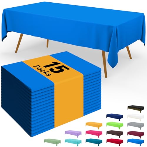 Image of Smiry Disposable Table Cloth - 15 Pack, 54 x 108 Inch Waterproof Rectangle Tablecloths for Parties, Decorative Plastic Table Cover, Leakproof & Sturdy, Blue