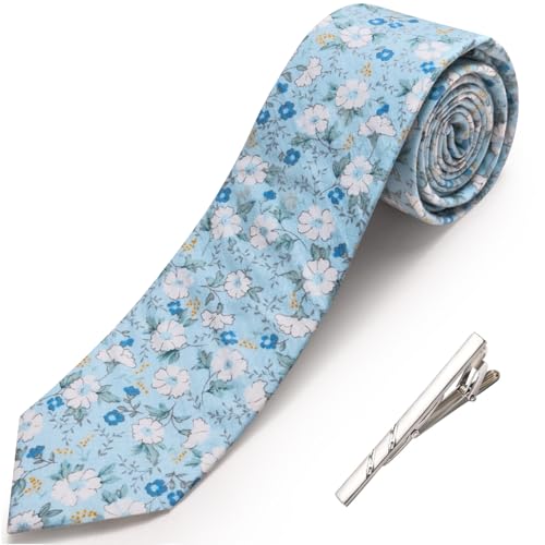 Image of Barry.Wang 100% Cotton Floral Ties for Men 63 inch Extra Long Necktie Clip | Fashion Cotton Printed Neckties,Wildflower 2.76 inch Ties Skinny,Gift Box,Groomsmen Wedding Engagement Graduation