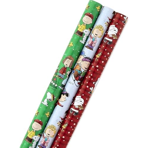 Hallmark Christmas Peanuts Wrapping Paper with Cut Lines on Reverse (Pack of 3, 105 sq. ft. ttl) Snoopy, Charlie Brown, Woodstock (5JXW1036)