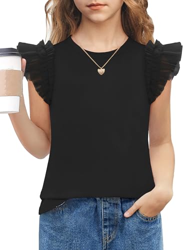 Arshiner Camiseta De Verano para Niñas Mangas de Encaje Verano Camisa Infantil de Cuello Redondo Y Manga Corta Top con Mangas Volantes 9-10 Años Negro