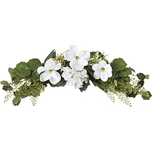 Artificial Flower Garlands,Decorative Floral Swag, 29.5 Inch Artificial White Magnolia Flower Swag with Green Leaves Silk Magnolia Flower Garland Wreath for Wedding Arch Chair Back Front Door