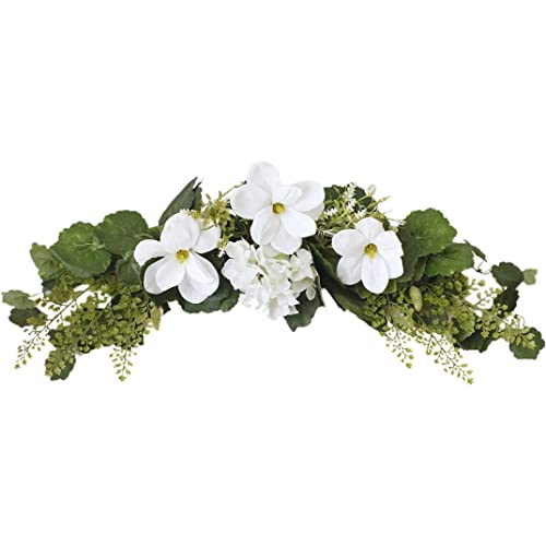 Artificial Flower Garlands,Decorative Floral Swag, 29.5 Inch Artificial White Magnolia Flower Swag with Green Leaves Silk Magnolia Flower Garland Wreath for Wedding Arch Chair Back Front Door