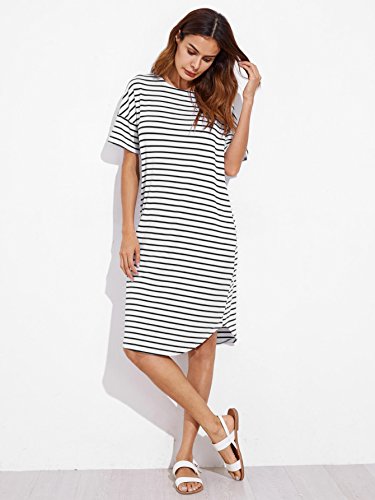 Floerns Women's Short Sleeve Drop Shoulder Pocket Stripe T Shirt Dress Black And White L #TOP4