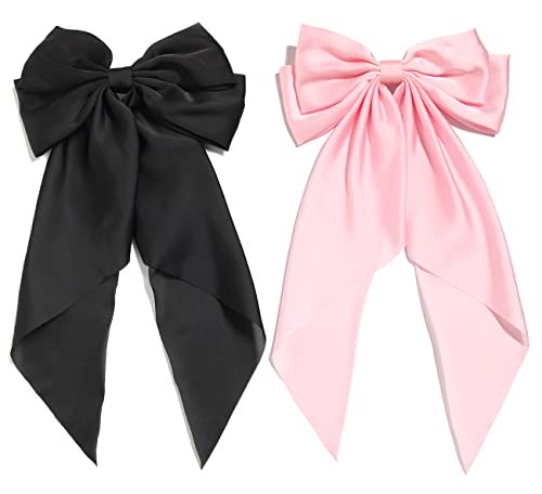 Hair Bows for Women - Furling Pompoms Large Satin Silky Bow Clips for Hair - Hair Ribbon Bows with Long Tail - Hair Barrettes Hair Accessories (Black Pink)