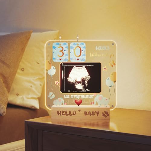 Image of YLQQYL Ultrasound Picture Frames, Magnetic Acrylic Sonogram Picture Frame with Baby Countdown Calendar and Light, Elephant Baby Shower Decorations for Best Expecting Mom Gifts, Mom to Be Gift