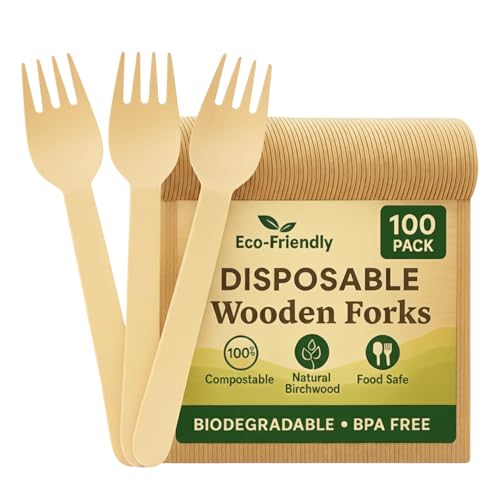 100 x Disposable Wooden Forks – 16 cm Birchwood Eco-Friendly Cutlery | Biodegradable, Plastic-Free, BPA-Free, Food-Safe Compostable Bulk Forks for Parties, Weddings, BBQs, Picnics & Catering