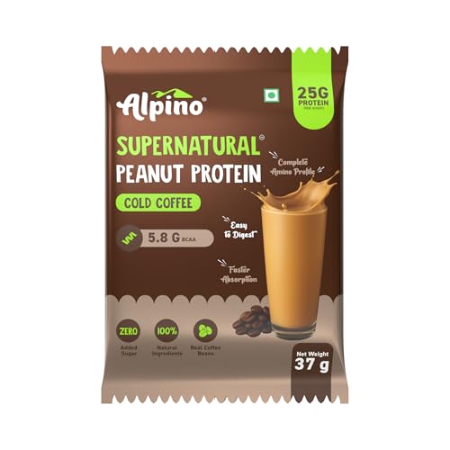 Image of Alpino Supernatural Peanut Protein Powder Cold Coffee 444g (37g x Pack of 12) - 25g Plant Based Protein, 5.8g BCAAs, Real Coffee Beans, Vegan