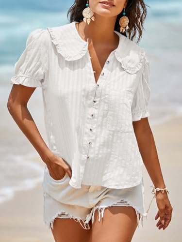 Tankaneo Womens Puff Sleeve Shirts Peter Pan Collar Button Down Cotton Blouse Casual Summer Textured Tops4